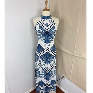MSK Womens Blue White Geometric Tile Print Halter Neck Maxi Dress Size Medium